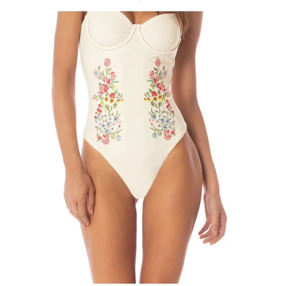 *NWT* Maaji Cream Swimsuit with Pink & Green Floral Embroidery Retail $208 - Picture 2 of 8